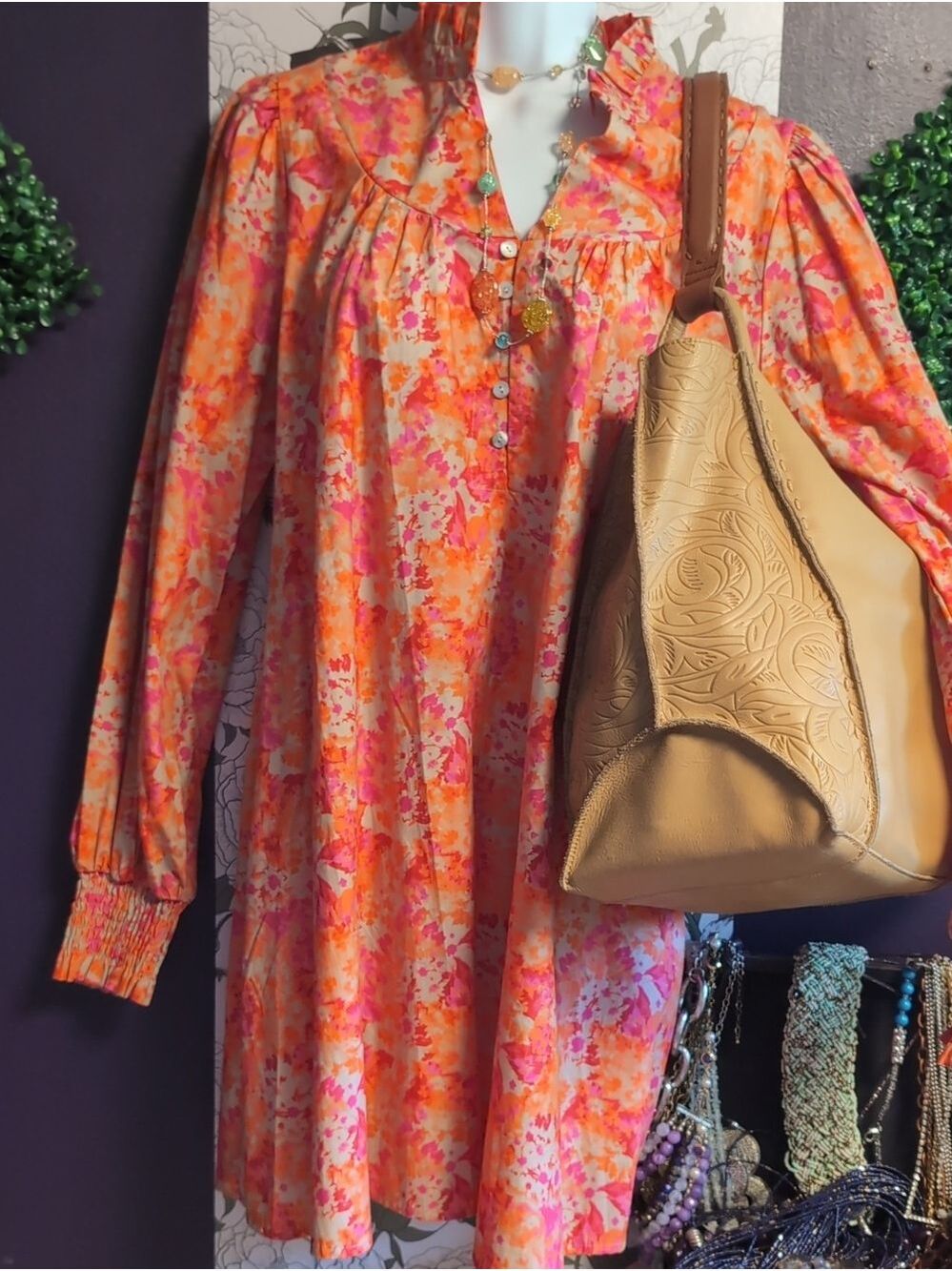 Fantastic Fawn Orange & Pink Floral Cotton Peasant Tunic Dress
